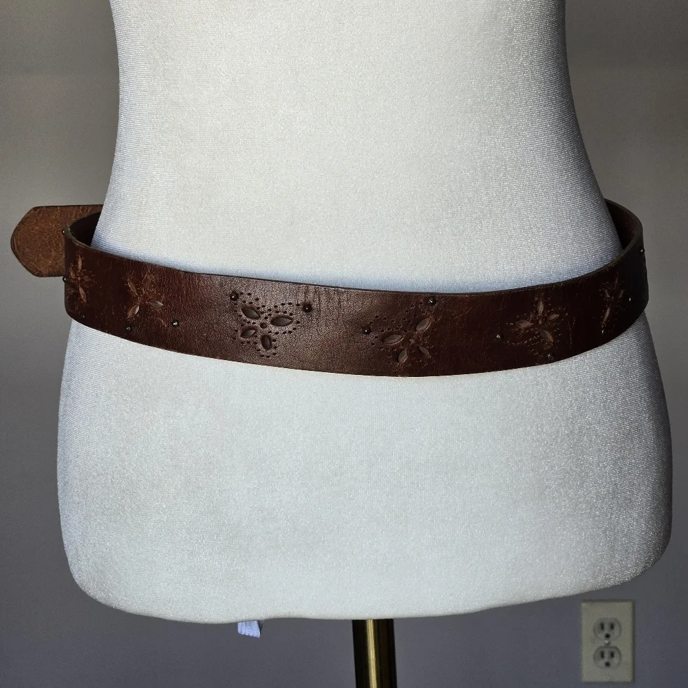 Vintage Western Boho Brown Butterfly Cut-Out Leather Studded Belt Brass Buckle